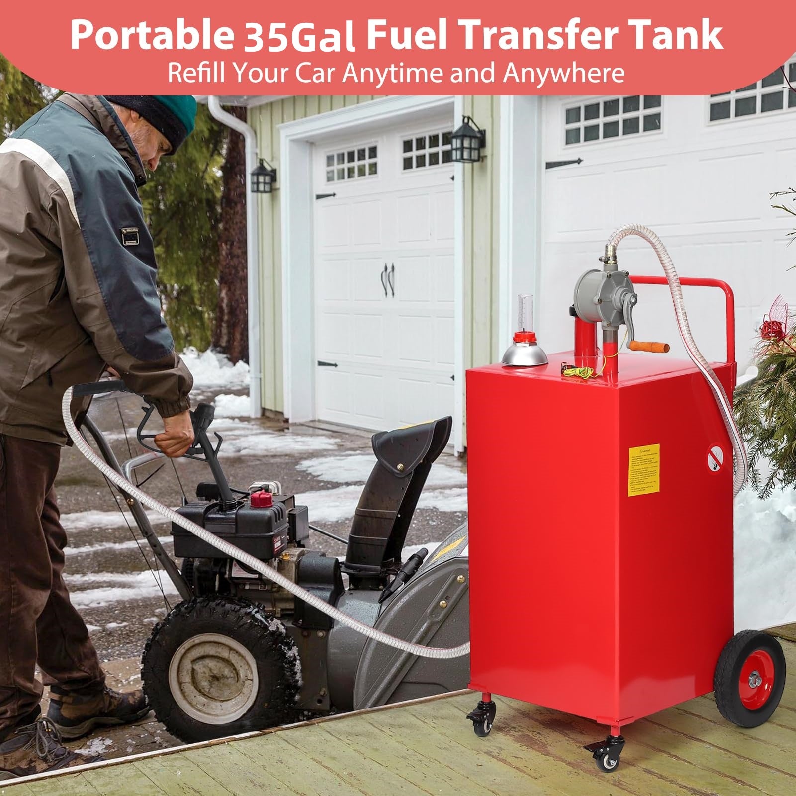 Garvee 35-Gallon Fuel Caddy, Stainless Steel with Manual Transfer Pump, 4-Wheel Mobile Design for Cars, Trucks, Boats, and Lawn Mowers, Red