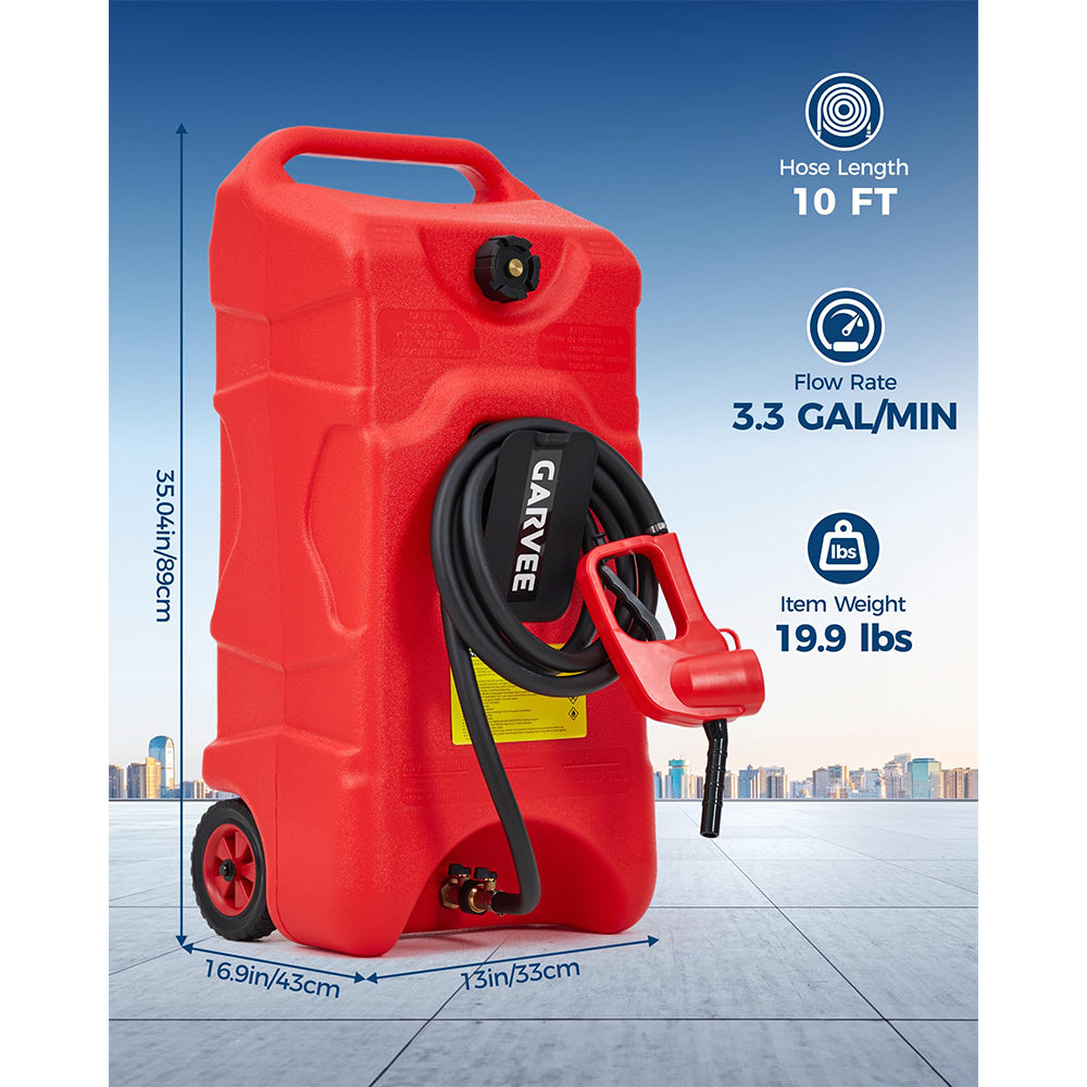 Garvee Upgraded 16 Gallon Gas Tank, Heavy-Duty Fuel Can with Manual Transfer Pump, 10FT Hose, and Casters, Leak-Proof Portable Gas Container for Lawn Mowers, Tractors, Boats, and Snow Blowers, Red