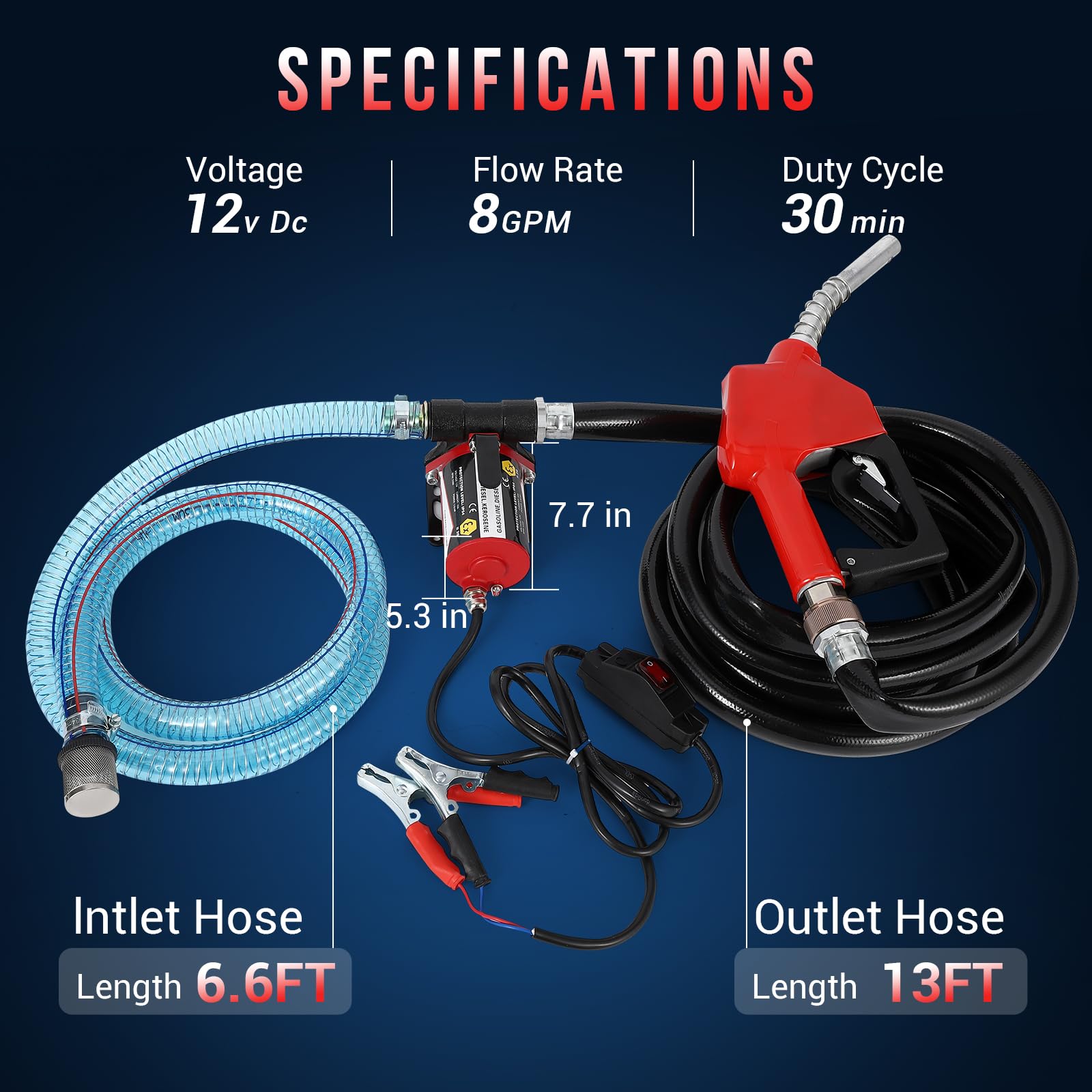 Garvee Fuel Transfer Pump DC 12V Diesel Transfer Pump with Nozzle Hose Cast Iron Gasoline Transfer Pump, 8GPM, Overheating Stability, Applicable to Gasoline, Diesel, Black