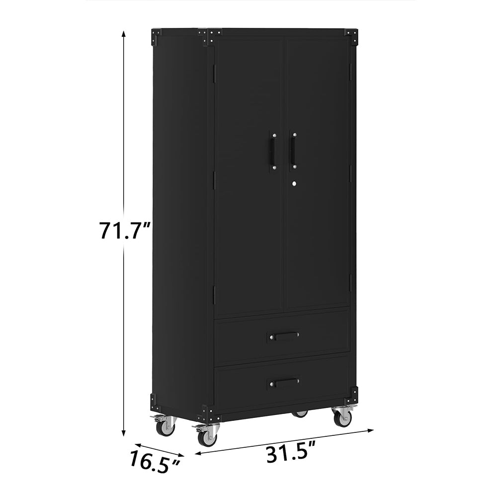 Garvee 72" Metal Storage Cabinet - Rolling Garage Cabinet with Locking Doors, 2 Drawers, 3 Adjustable Shelves, 0.6mm Cold-Rolled Steel, Lockable Wheels, Mobile Design for Garage and Office, Black
