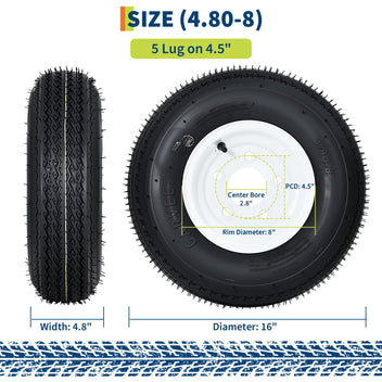 Garvee 4.80-8 Trailer Tire and Wheel Assembly, Heavy-Duty Load Range C 6PR, 8 Inch White Modular Wheel for Utility Boat Camper Trailers, Set of 2