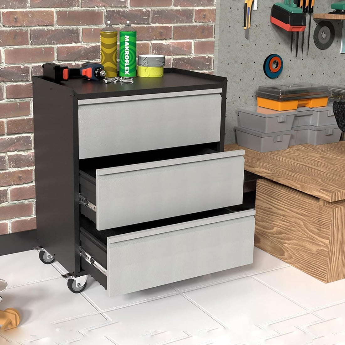 Garvee Metal Storage Cabinet with 3 Drawers, Heavy Duty Rolling Tool Cart, Locking Wheels, Ball Bearing Slides, Steel, Mobile Work Surface, Garage & Workshop