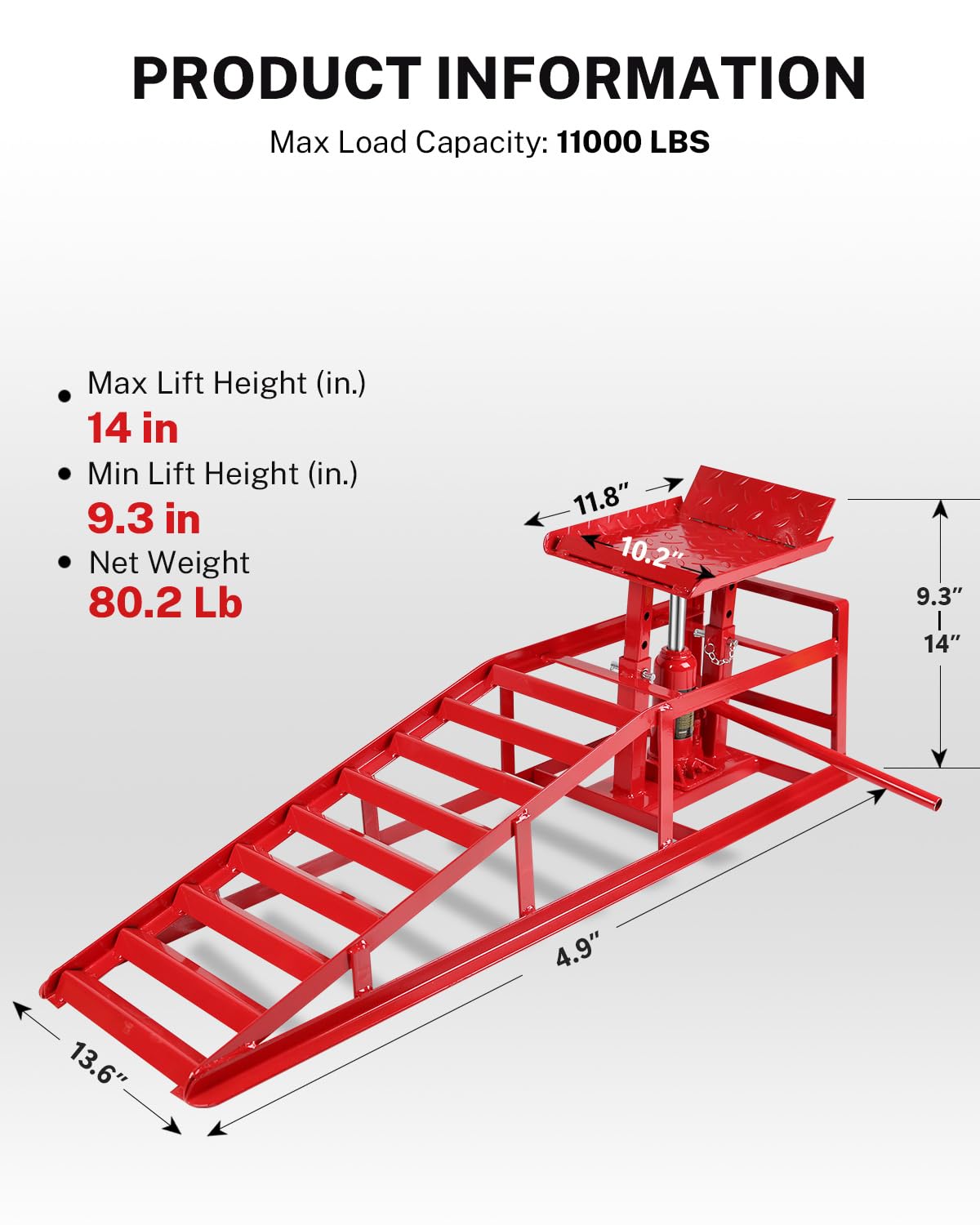 Garvee Hydraulic Car Ramps - 5T Capacity, Adjustable Height (9.3"-14"), Steel with Anti-Slip Plate, Ring Chain Bolt for Cars, SUVs, and Light Trucks, Red