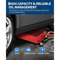 Garvee 25 Gallon Oil Drain Pan with 110V 180W Electric Pump, Metal Cart, 8FT Hose, Folding Handle, Wheels, for Cars, SUVs, Trucks, Buses, RVs