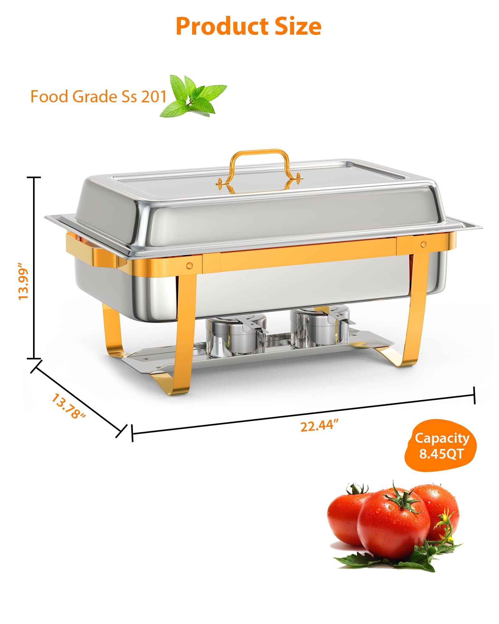 Garvee 8QT Chafing Dish Buffet Set (4-Pack) - Foldable Food Warmers with Spoons & Tweezers for Weddings, Parties, Banquets, and Catering Events (Gold)