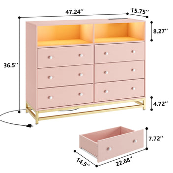 Garvee Wide Dresser for Bedroom with Charging Station, 6 Drawer, LED Lights, Large Capacity Storage, Wood, Modern Design, Pink, Suitable for Bedroom and Closet