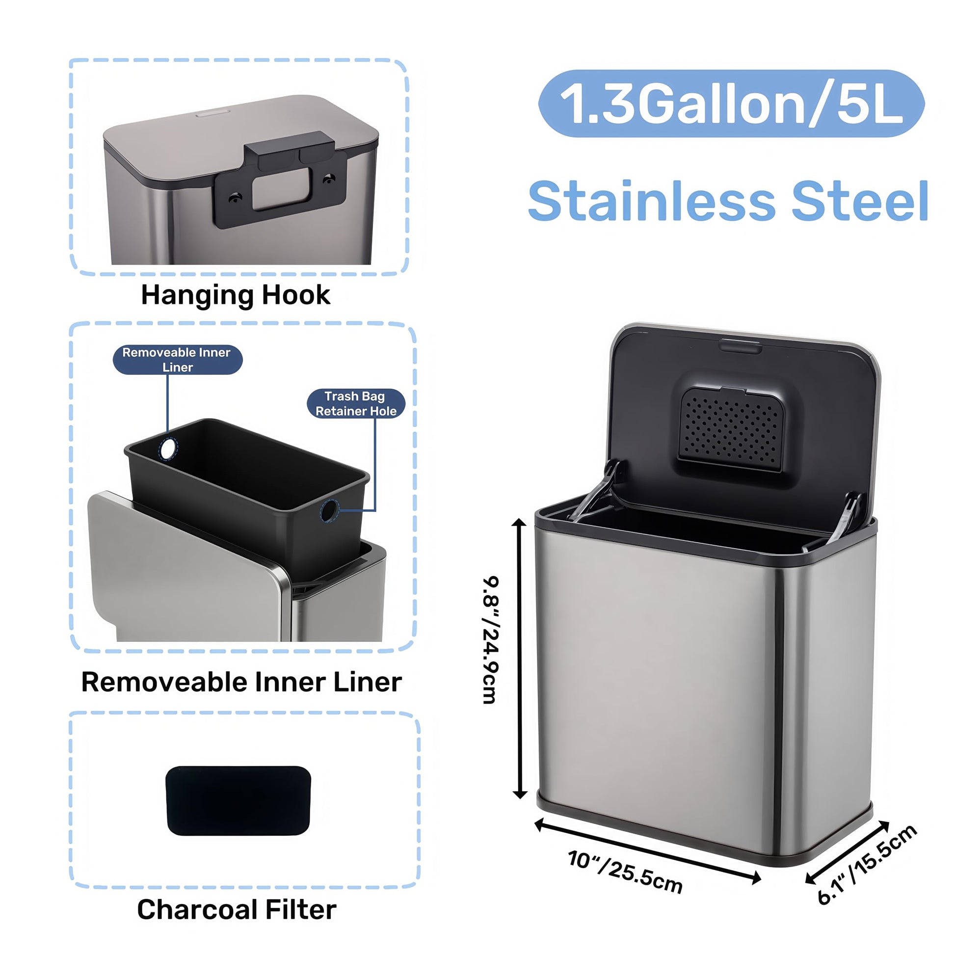 Garvee 1.3Gallon/5L Stainless Steel Hanging Trash Can with Inner Bucket And Charcoal Filter for Counter Top & Under Sink Bathroom Bedroom Cupboard