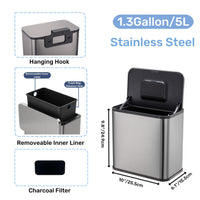 Garvee 1.3Gallon/5L Stainless Steel Hanging Trash Can with Inner Bucket And Charcoal Filter for Counter Top & Under Sink Bathroom Bedroom Cupboard