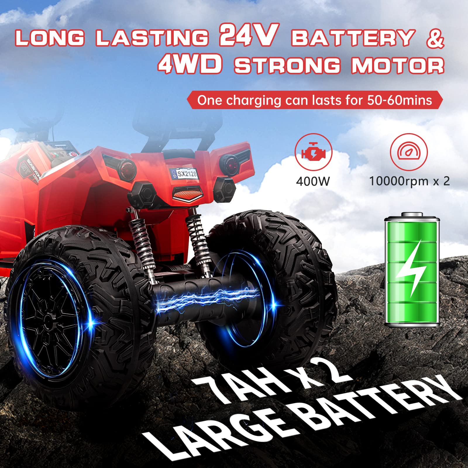 Garvee Ride - P Series: 24V Kids ATV, Ride on Car 4WD Quad Electric Vehicle, 4x80W Powerful Engine, with 7AHx2 Large Battery, Accelerator Handle, EVA Tire, Full Metal Suspension, LED Light, Bluetooth&Music - Red