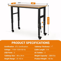 Garvee 48x24 Inch Adjustable Workbench - Heavy-Duty Work Table with Wheels, 5 Power Outlets, 2500 lbs Capacity, Metal Frame, and Wood Top for Garage, Home, and Office