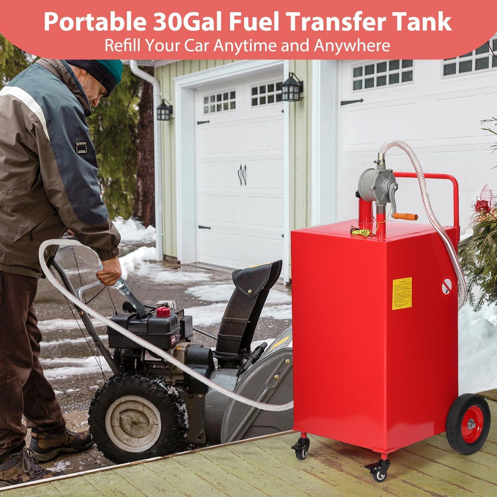 Garvee 30 Gallon Fuel Gas Caddy with 8 Inch Wheels Siphon Pump, Manual Nozzle 360° Swivel Connector, Portable for Car Mower Tractor Boat Motorcycle, Red