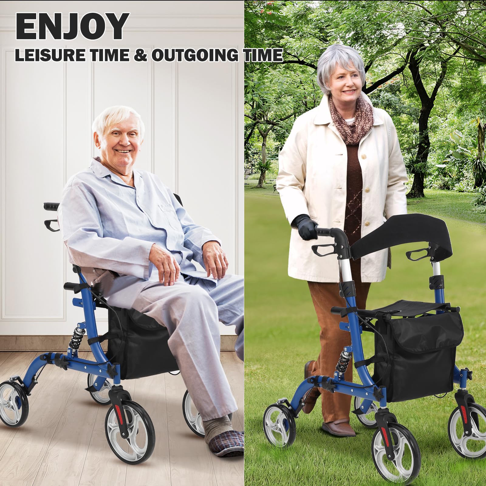 Garvee Rollator Walker for Seniors with Seat & Storage Bag, Shock Absorber, 10" & 8" All-Terrain Rubber Wheels, Lightweight Aluminum Foldable Walker with Backrest, Adjustable Height 34-40", Blue