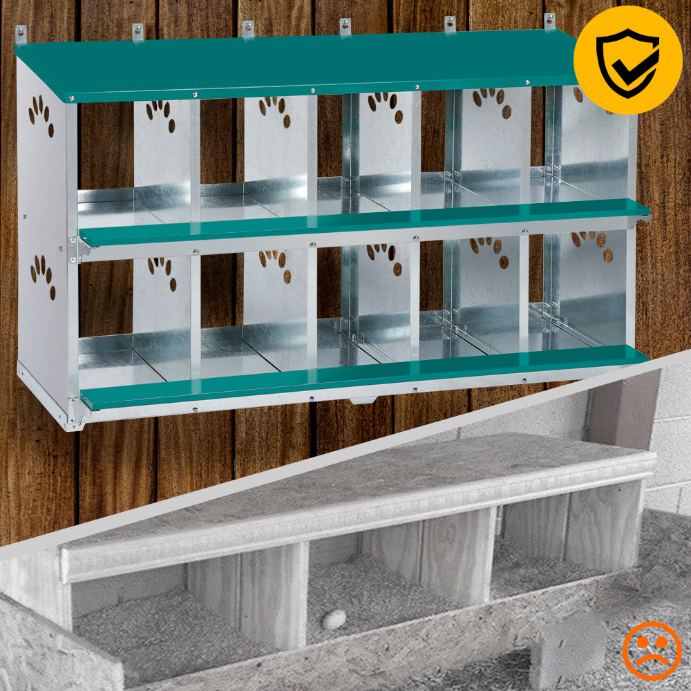 Garvee 10-Compartment Metal Nesting Box – Heavy-Duty Roll Away Egg Design w/Perch & Cover for Poultry Wall/Floor Mount, Green