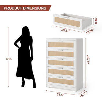 Garvee 5 Drawer Dresser Rattan Dresser, Tall Chest of Drawers, Wood Dresser for Bedroom, Closet, Living Room, Hallway
