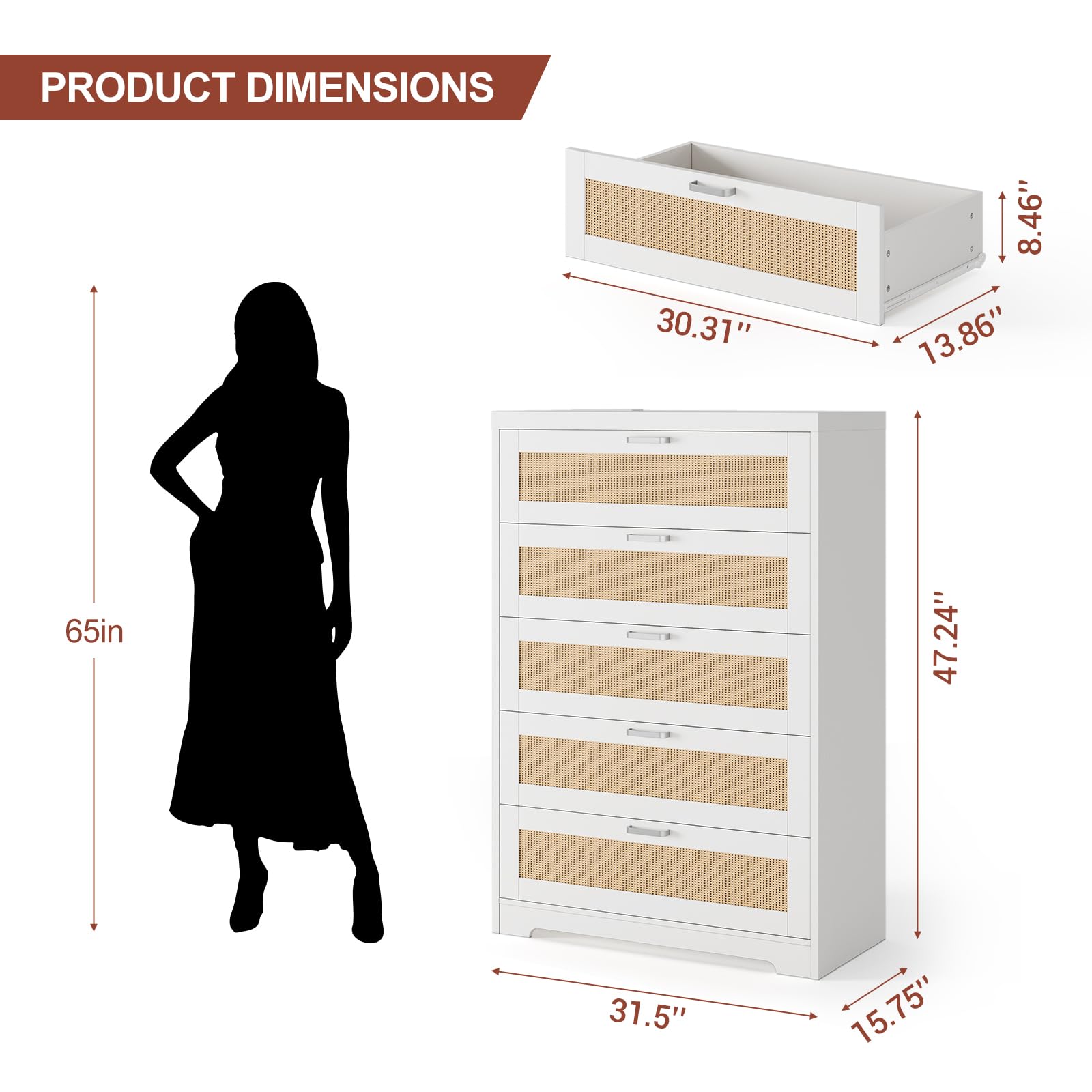 Garvee 5 Drawer Dresser Rattan Dresser, Tall Chest of Drawers, Wood Dresser for Bedroom, Closet, Living Room, Hallway