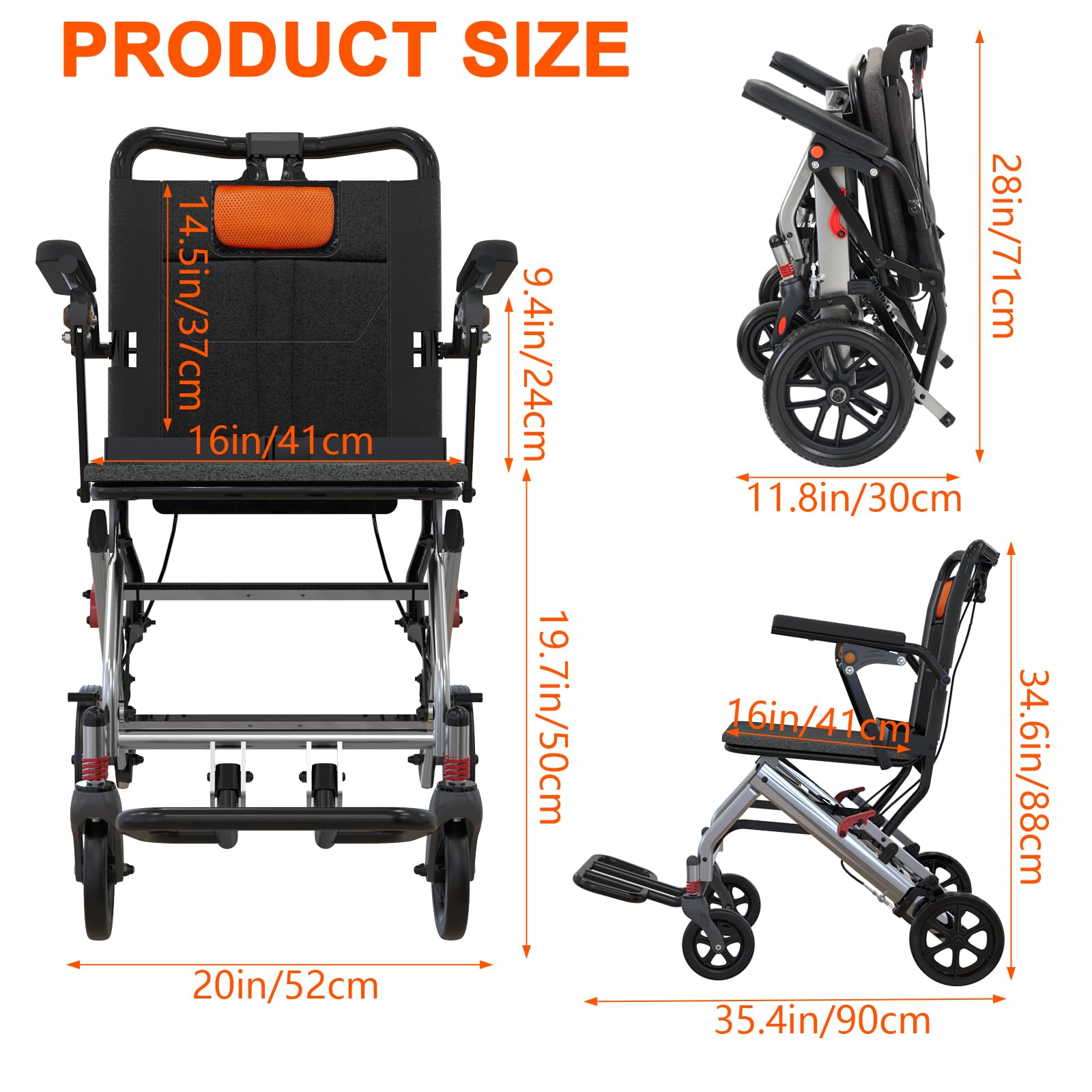 Garvee Ultra Lightweight Elderly Transport Wheelchair Weighs only 24 lbs. Portable Lightweight Folding Transport Chair, with Locking Handbrake, Removable Flip Armrests, Swinging Footrests, Supports 220 lbs.