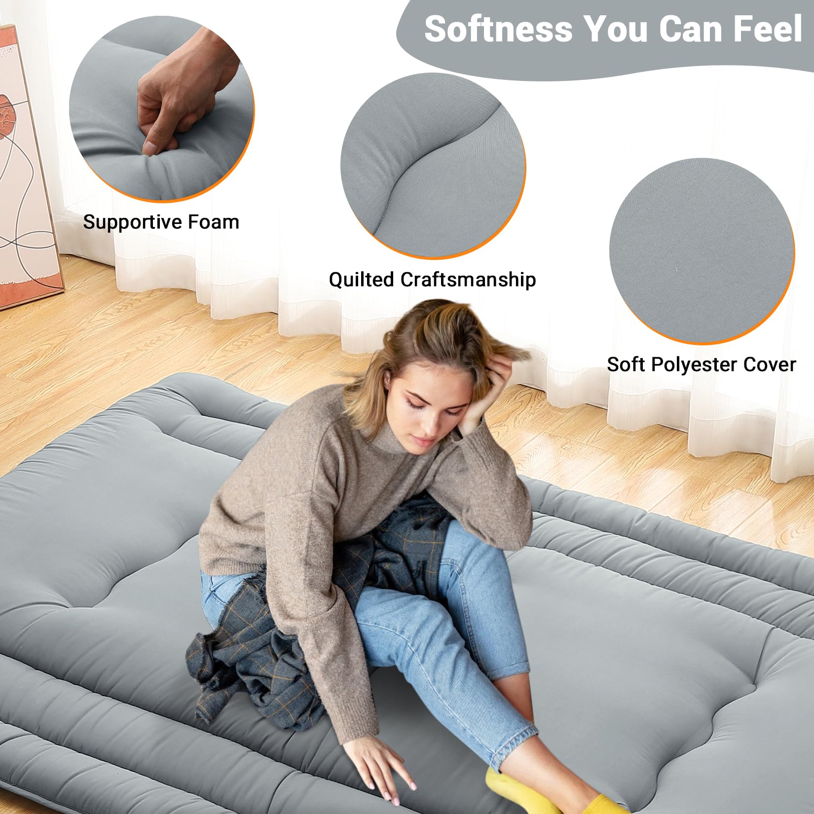 Garvee Futon Mattress Full Size, Foldable Sleeping Mattress Tatami Mattress for Adults, Roll Up Japanese Style Floor Bed Dormitory Floor Mattress for Rv Travel Camping, Light Grey
