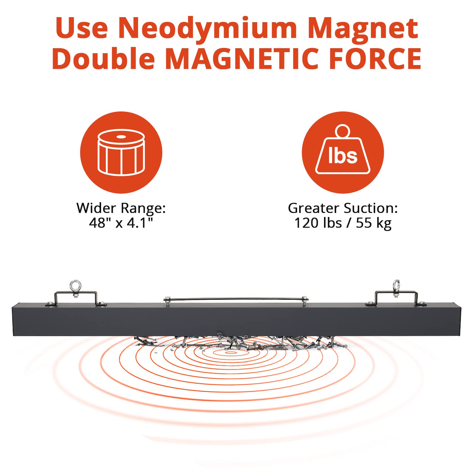 Garvee Hanging Magnetic Sweeper 48 Inches Heavy-Duty Magnet Sweeper, Nail Magnet Sweeping Tool with 120 LBS Lifting Capacity, Magnet Double Magnetic Force Sweeper Unit, Hanging Magnet for Forklift