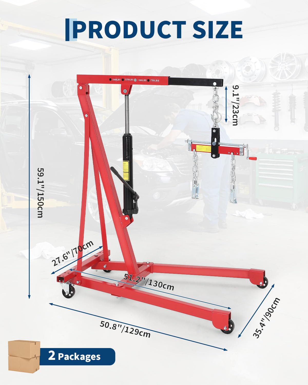Garvee 3000 LBS Hydraulic Engine Hoist with Lever, 1.5-Ton Telescoping Boom Shop Crane with 4 Heavy-Duty Casters, Garage & Warehouse Cherry Picker for Automotive, Machinery, and Equipment Lifting, Red