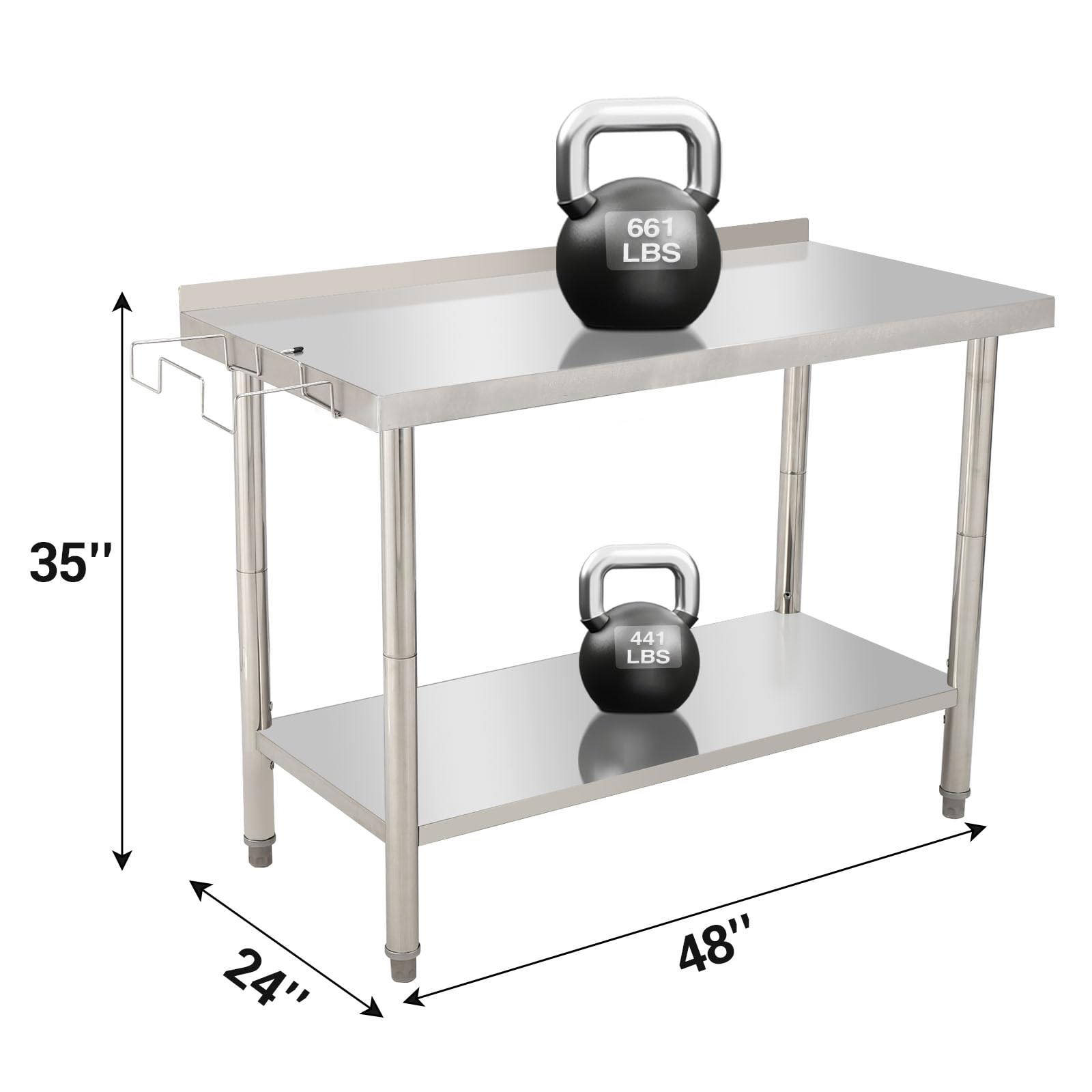 GARVEE 48"L x 24"W x 35"H Stainless Steel Work Table - Heavy-Duty Prep Table with Undershelf, Backsplash, and Garbage Rack for Kitchen and Commercial Use