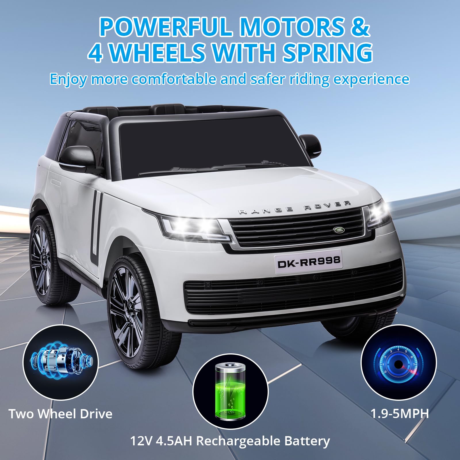 Garvee Ride - P Series: 24V 2-Seater Land Rover Ride-On Car For age 3+, With MP3, 3 Speeds, Remote Control, LED, 4-Wheel Suspension - White