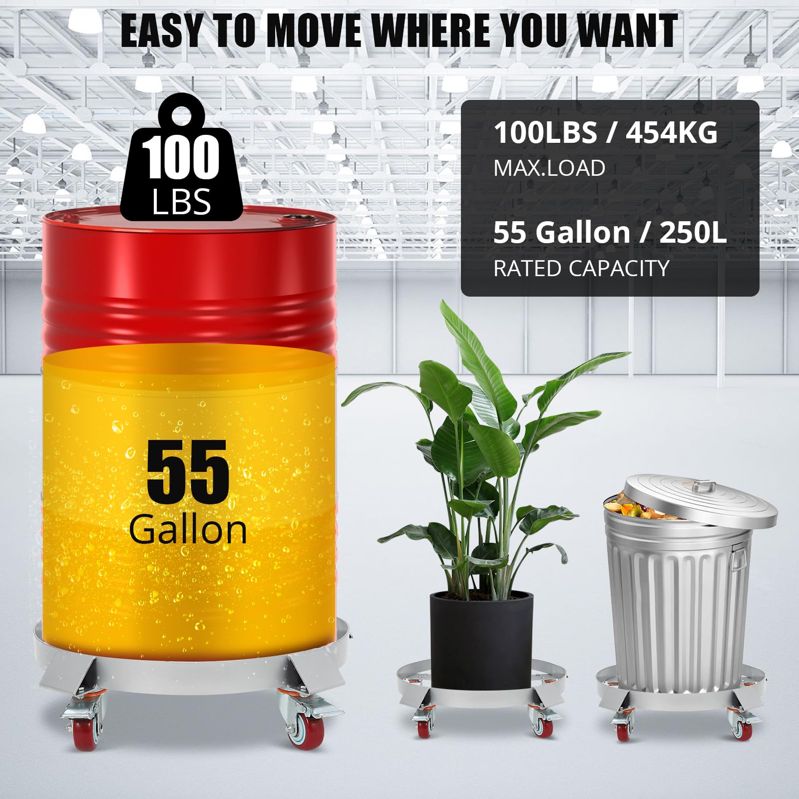 Garvee 55 Gallon Drum Dolly, 1250lbs, Steel Frame Bucket Dolly with 5 Swivel Casters Wheel, Non Tipping Barrel Dolly for Furniture/Trash/Plant