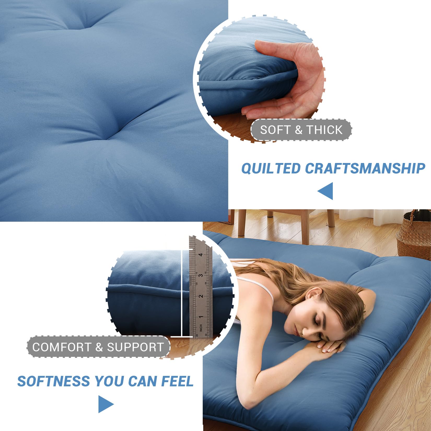 Garvee Futon Mattress, Japanese Floor Mattress Full Size Floor Mat for Sleeping Adult Size, Foldable Tatami Mattress Roll Up Floor Bed Mattress for House Guest Camping Dorm, Navy Blue