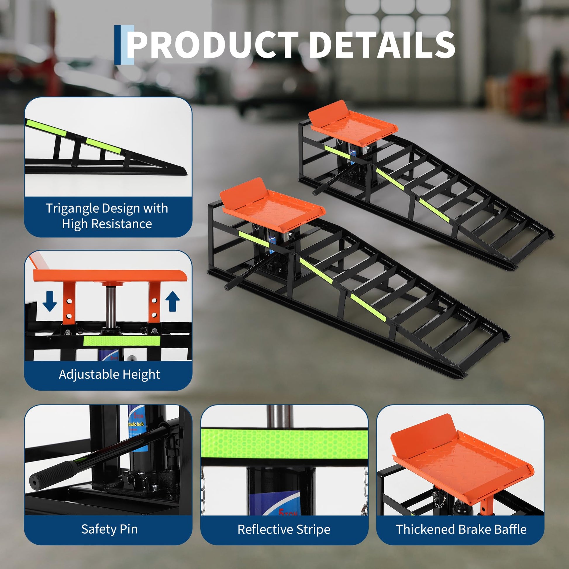 Garvee 5 Ton Hydraulic Car Ramps Heavy Duty Vehicle Lift With Reflective Strips For Night Use Adjustable Height 9.8"-15" Portable Auto Service Ramps Black