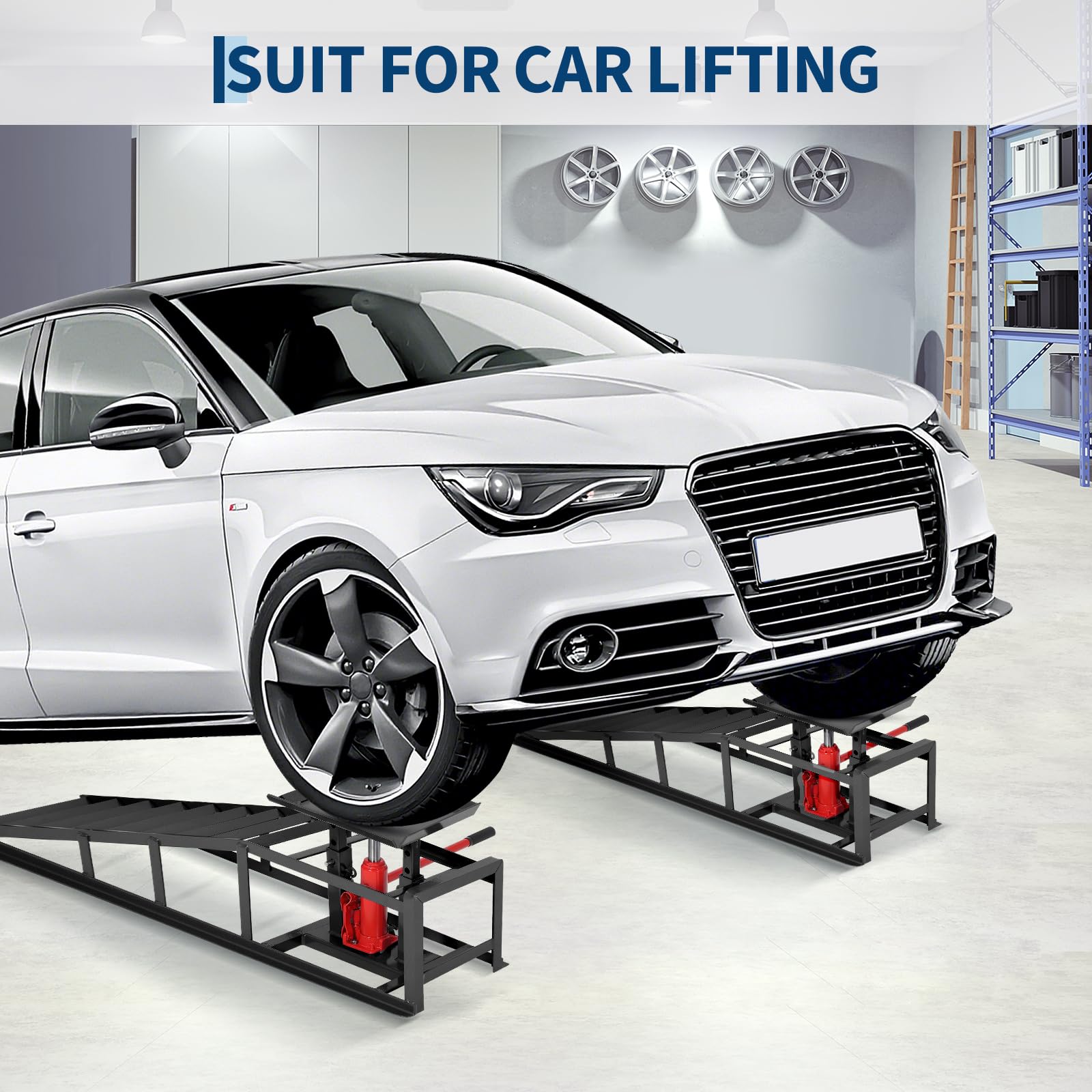 Garvee 2-Pack Hydraulic Car Ramps, 5T/11000 lbs Capacity Low-Profile Car Lift with Adjustable Height (9.4"-13.34") for Trucks, Trailers, and Auto Repair in Garage, Black