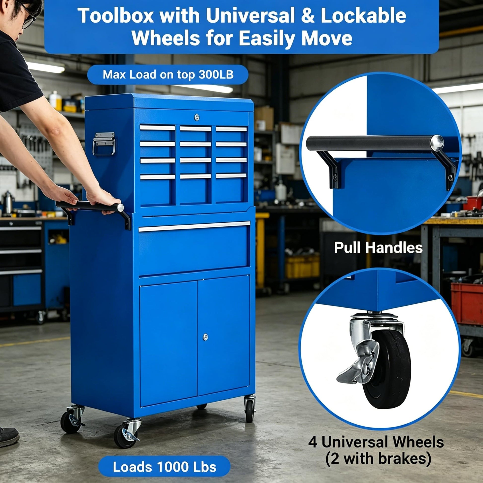 Garvee 20 Inch Heavy-Duty Tool Chest with 5 Drawers, Rolling Tool Box Cabinet on Wheels, 2-in-1 Detachable Tool Storage Organizer for Garage, Workshop, and Home Improvement, Locking Steel Tool Cart with Top Tool Box, Blue