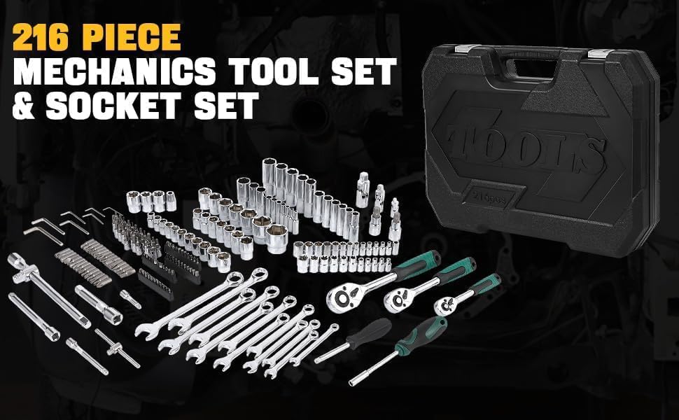 Garvee Mechanics Tool Set 216-Piece SAE/Metric Socket & Wrench Kit Durable Rolling Tool Box Portable for Automotive Repair DIY