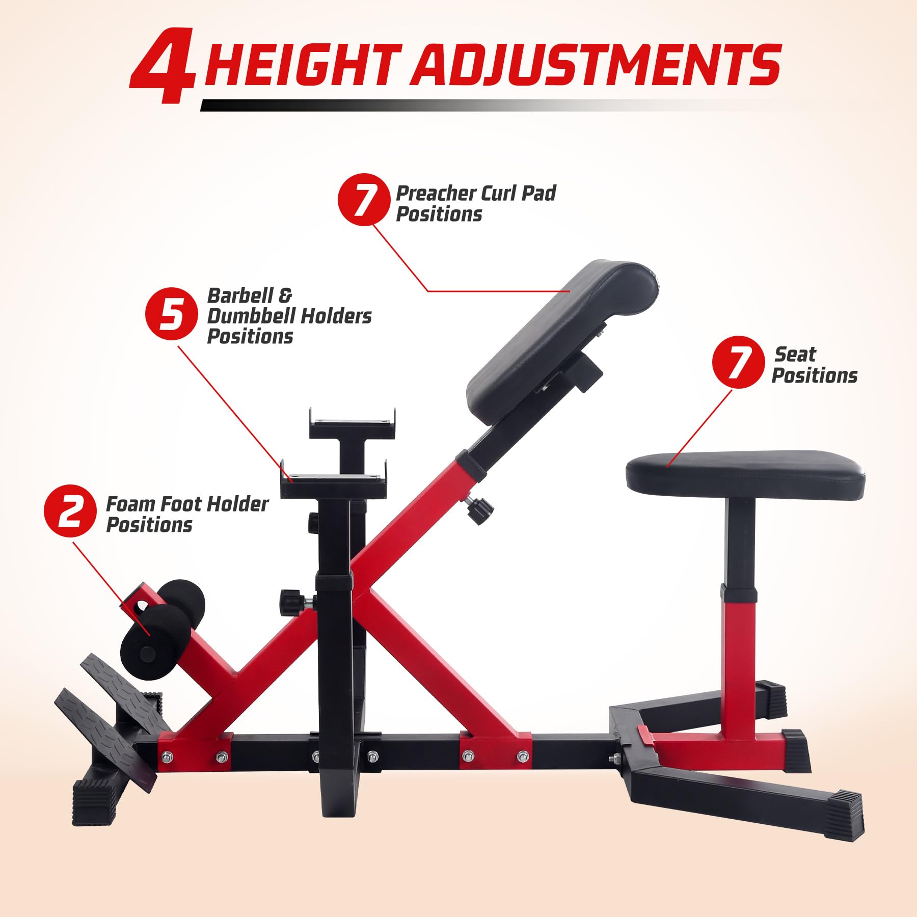 Garvee 2-In-1 Roman Chair & Preacher Curl Bench Multi-Function Heavy-Duty Hyperextension Bench for Home With Adjustable Height for Arms, Ab, Back, Glute & Leg Extension Exercise Equipment, Red