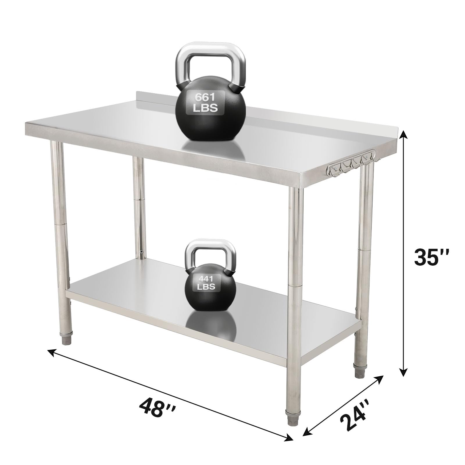 GARVEE 48"L x 24"W x 35"H Stainless Steel Work Table - Heavy-Duty Prep Table with Undershelf, Backsplash, and Hooks for High Load Bearing in Kitchen and Restaurant