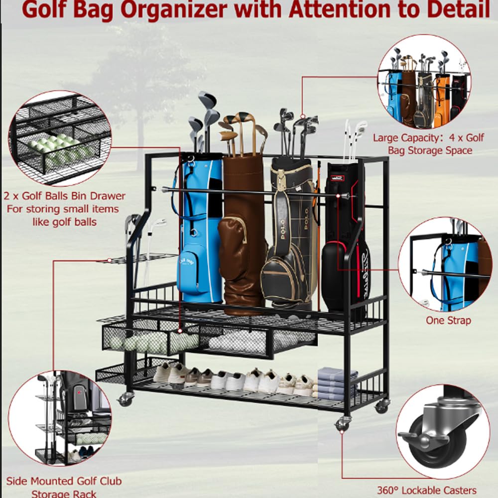 Garvee Golf Bag Storage Garage Organizer,Golf Bag Storage Rack w/Drawer for Golfing Bags, Clubs, Balls, Gadgets, Accessories & Equipment,Golf Bag Stand w/Wheels for Home, Golf Course