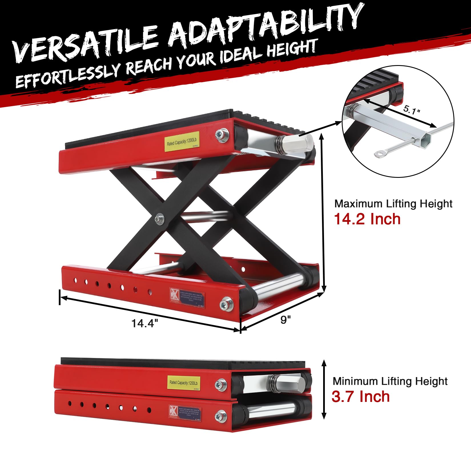 Garvee 1200lbs Motorcycle Lift Scissor Jack, Heavy-Duty Steel Hoist Stand with 3.7"-14.2" Adjustable Height, 11.5mm Thickened Rubber Pad, and Safety Pin for Dirt Bikes, ATVs, Garage Repairs