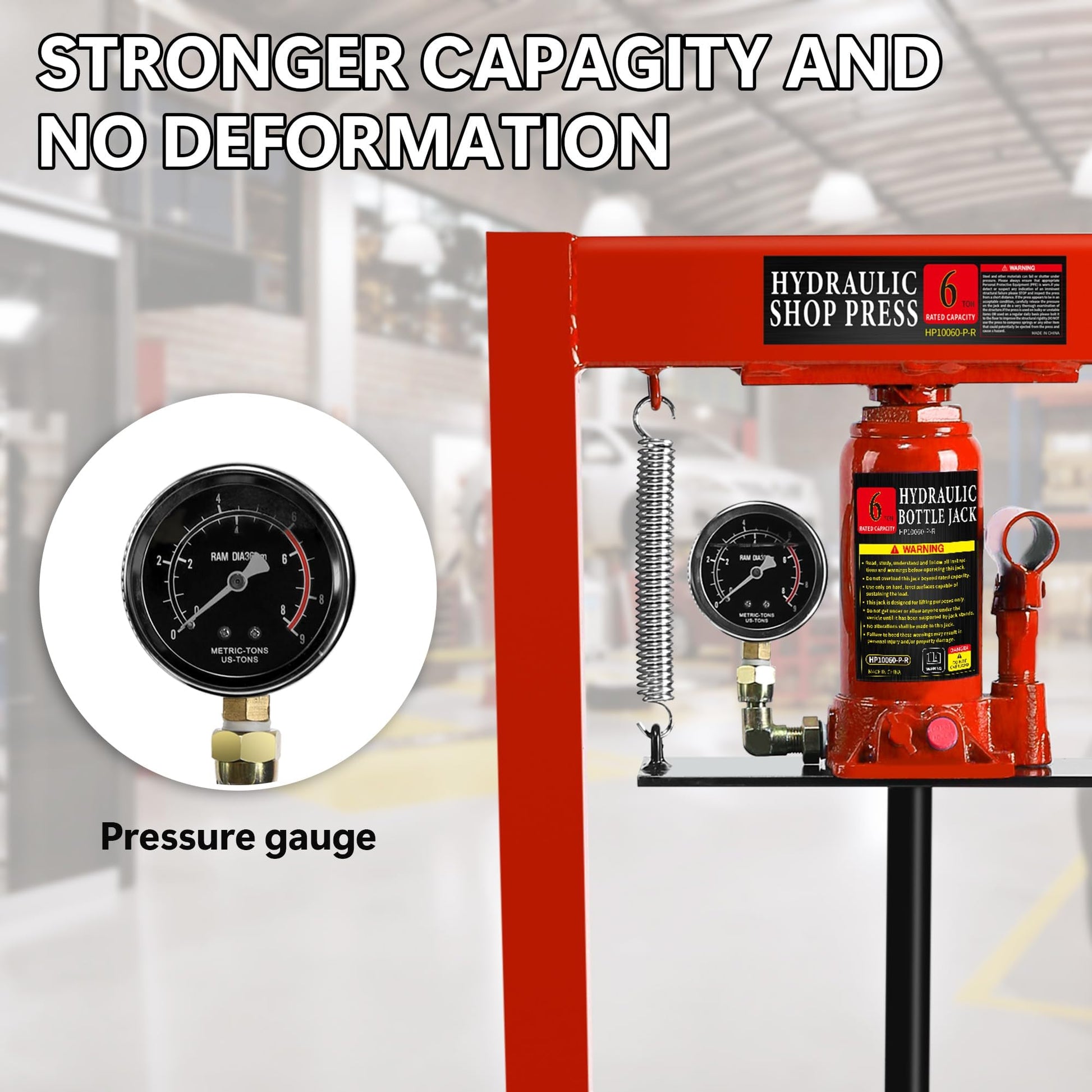 Garvee 6 Ton Shop Press with Pressure Gauge, Adjustable H-Frame Hydraulic Garage Floor Press with Stamping Plates for Bending, Straightening, Pressing Parts, and Installing Bearings & U-Joints, Red