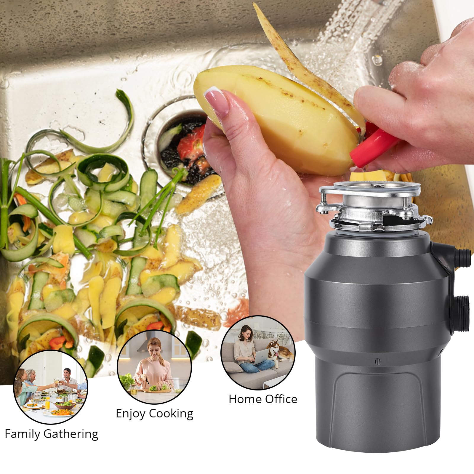 Garvee 1/2 HP Garbage Disposal, Sink Garbage Disposal With Air Switch, Continuous Feed Food Waste Disposer Cleaner With 14 In Power Cord, 380W 3500r/Min,Rose Gold
