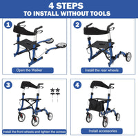 Garvee 2-in-1 Folding Walker & Transport Chair, 300lbs Capacity All-Terrain Rollator with Dual Brake System & Storage Bag, Lightweight Aluminum Frame for Seniors, Shopping, Outdoor Usea