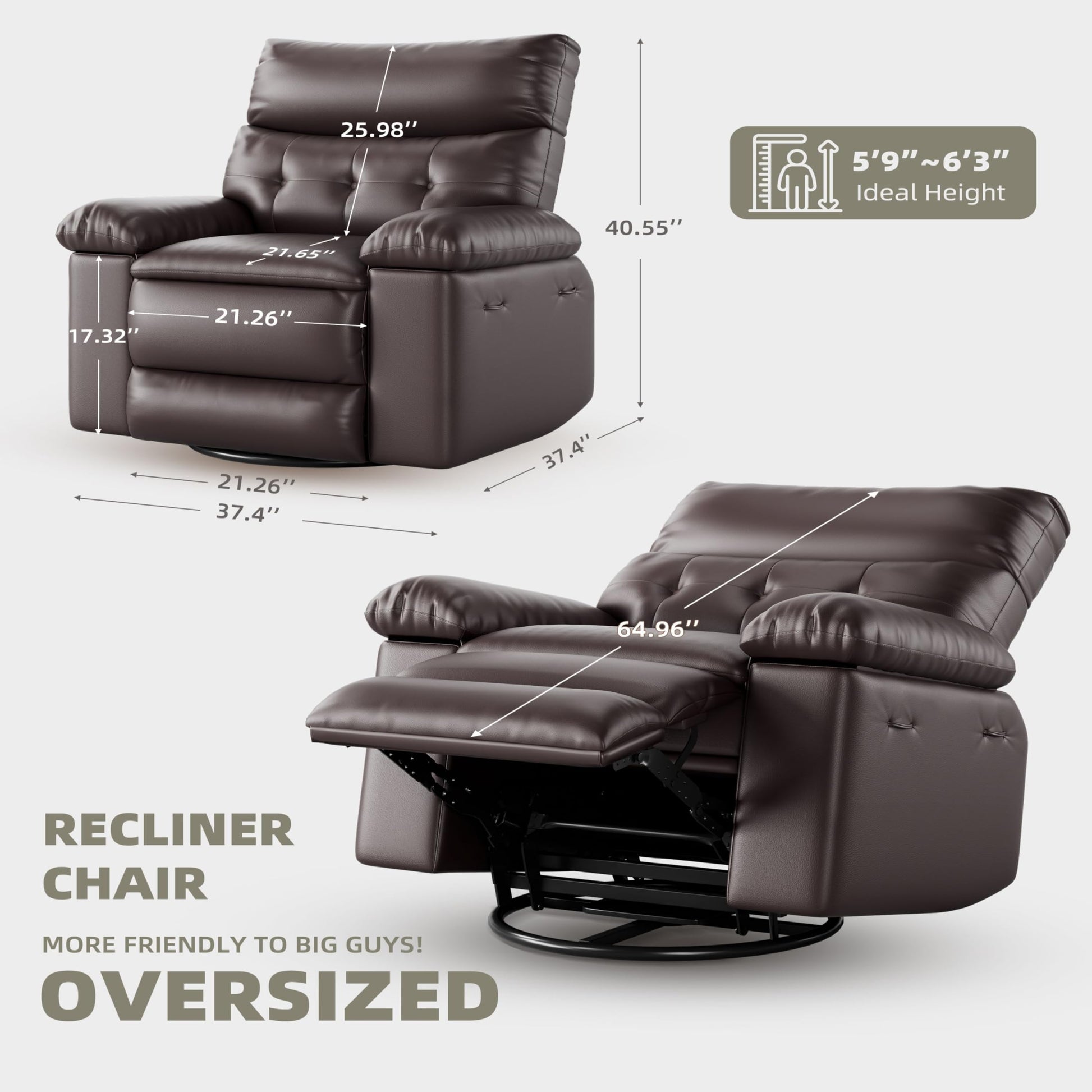 Garvee 22" Widen Rocker Swivel Recliner Chair, Lazy Boy for Adults, with Vibrating Massage and Heating, 1.5X Sponge Filling, Side Pocket, for Living Room, Bedroom, and Nursery