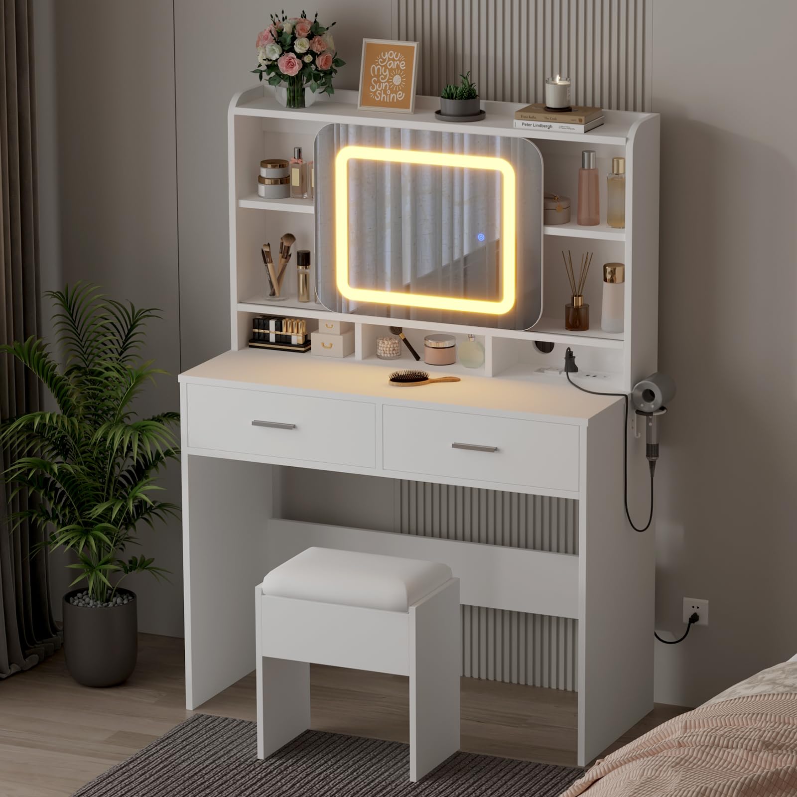 Garvee Vanity Desk with Sliding Mirror, Makeup Desk and Stool with Lights in 3 Colors, Girls Vanity Table with Charging Station, 2 Drawers & Storage Shelves for Bedroom,White