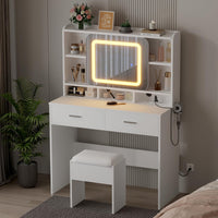 Garvee Vanity Desk with Sliding Mirror, Makeup Desk and Stool with Lights in 3 Colors, Girls Vanity Table with Charging Station, 2 Drawers & Storage Shelves for Bedroom,White