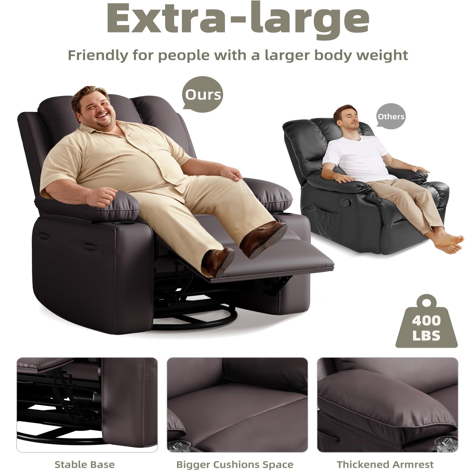Garvee Oversized 27" Recliner Chairs with Heat and Massage, 360° Swivel Lazy Boy Recliner Chair for Adults, Manual Rocking Chair with Cup Holder for Living Rooms, Bedrooms and Nurseries, Coffee