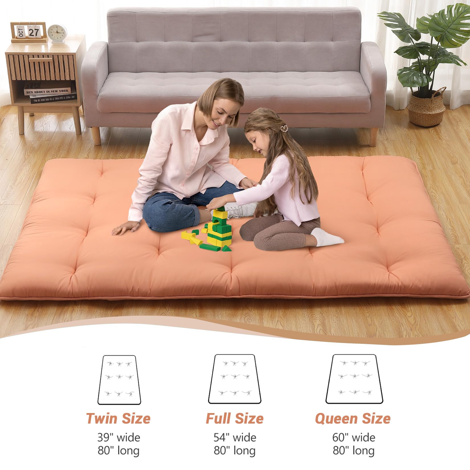 Garvee Japanese Futon Floor Mattress, Futon Mattress Full Size Foldable Floor Bed Mattress, Tatami Mat for House Guest Dorm Roll Up Sleeping Floor Mattress, Coral