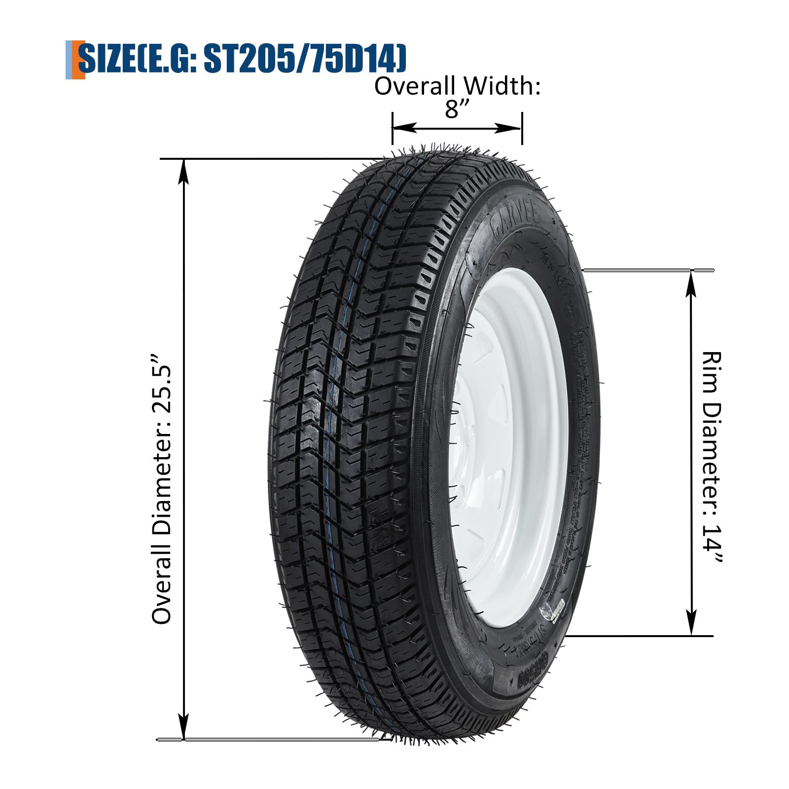 Garvee ST205/75D14 Trailer Tire and Wheel Assembly, Heavy-Duty Load Range C 6PR, 5 Lug White Modular Wheel, 14 Inch Tires for Utility and Boat Trailers, Set of 2