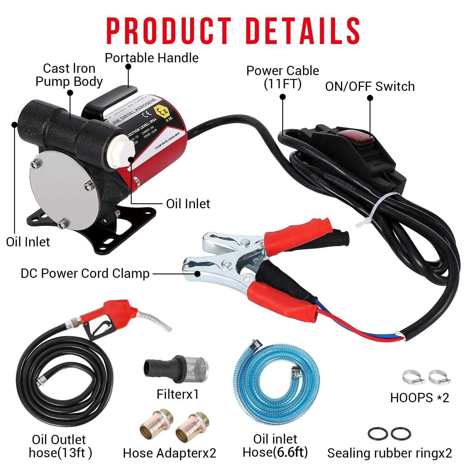 Garvee Fuel Transfer Pump DC 12V Diesel Transfer Pump with Nozzle Hose Cast Iron Gasoline Transfer Pump, 8GPM, Overheating Stability, Applicable to Gasoline, Diesel, Black