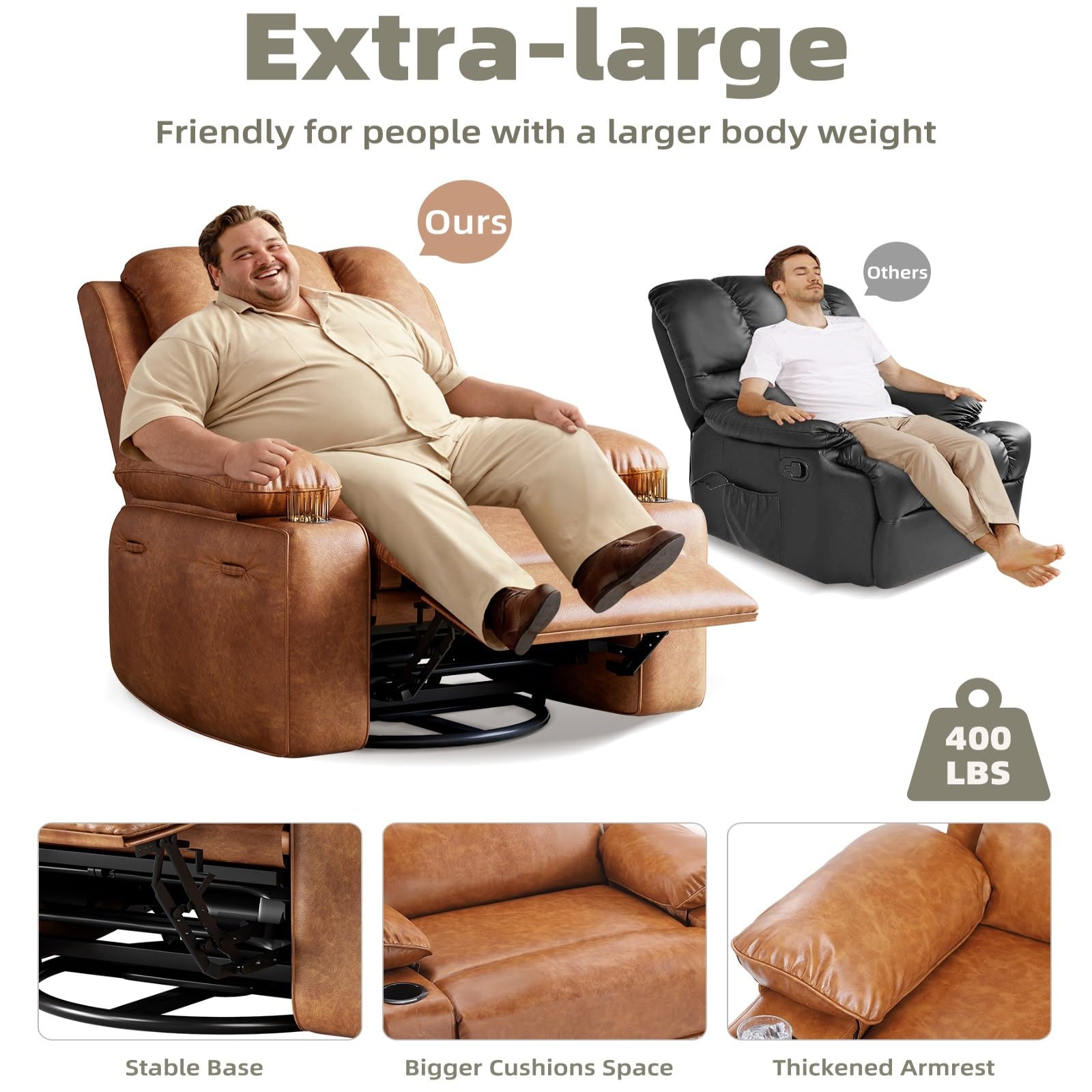 Garvee Oversized 27" Recliner Chairs with Heat and Massage, 360° Swivel Lazy Boy Recliner Chair for Adults, Manual Rocking Chair with Cup Holder for Living Rooms, Bedrooms and Nurseries, Retro Brown
