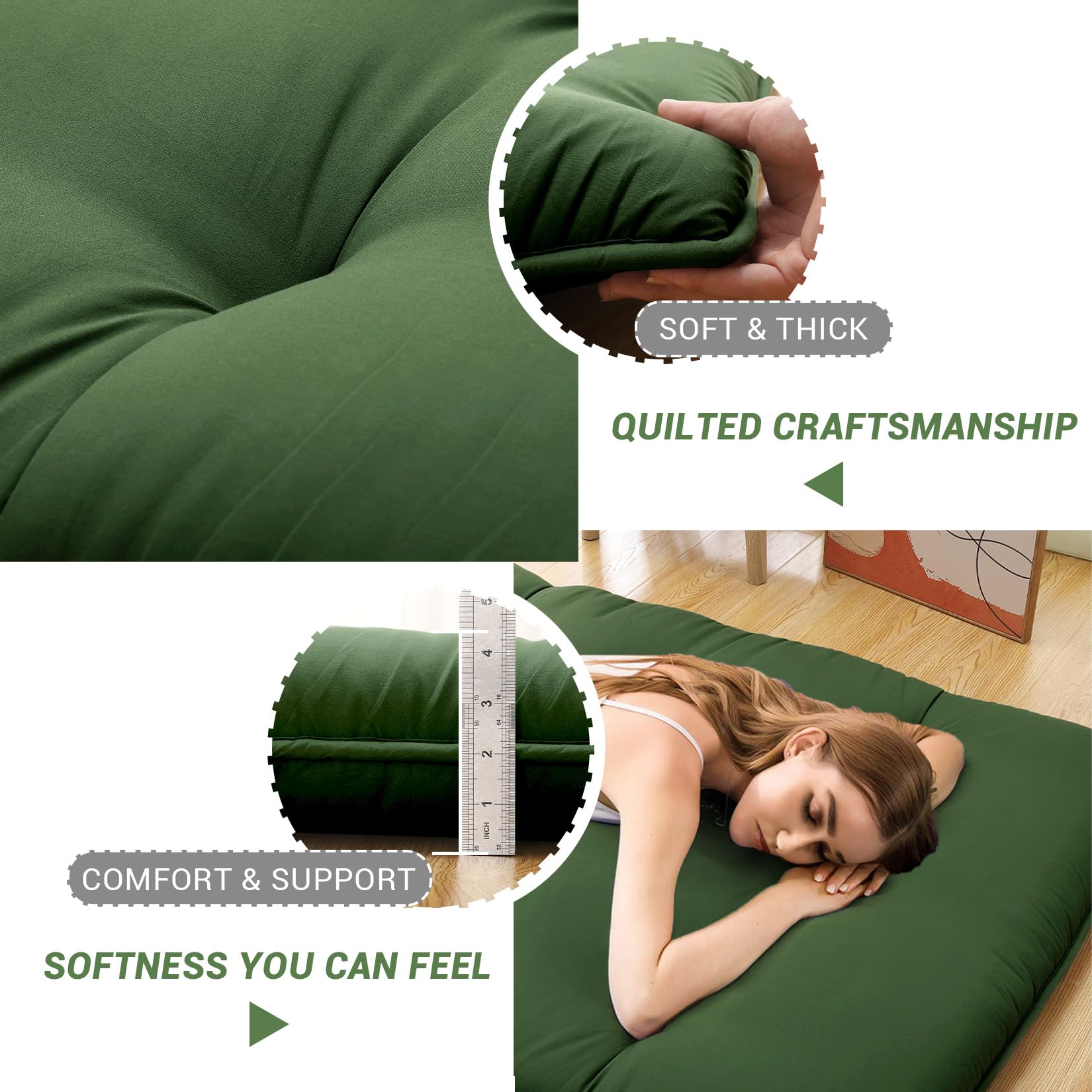 Garvee Japanese Futon Floor Mattress, Twin Size Futon Mattress Foldable Floor Bed Mattress, Roll Up Portable Sleeping Floor Mattress, Tatami Mat Kids Floor Play Mat, Army Green