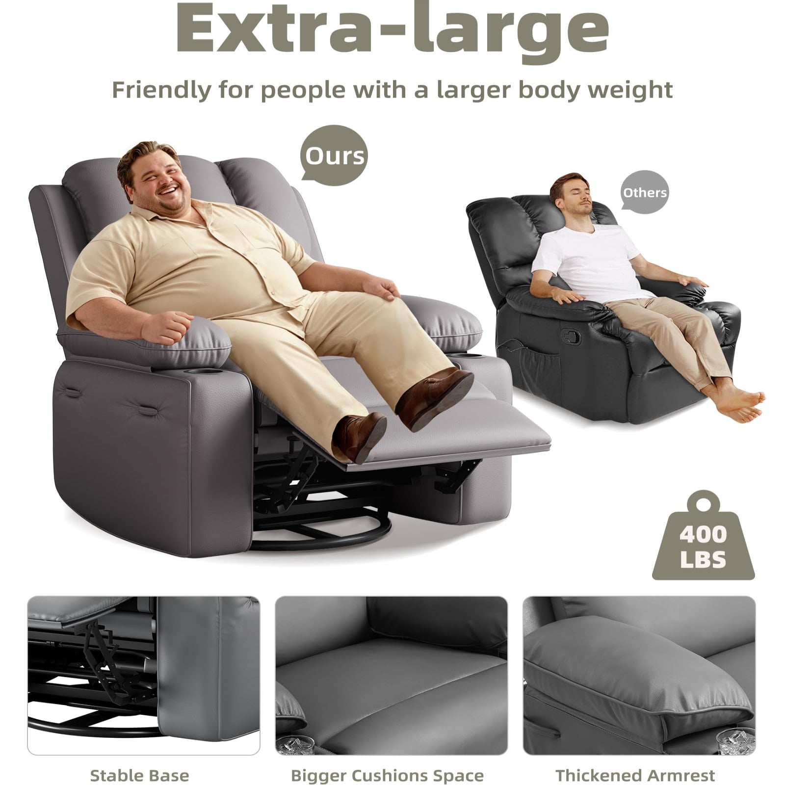 Garvee 22" Widen Rocker Swivel Recliner Chair, Lazy Boy Recliner for Adults, with 1.5X Sponge Filling, Side Pocket, and Cup Holder, for Living Room, Bedroom, and Nursery, Grey