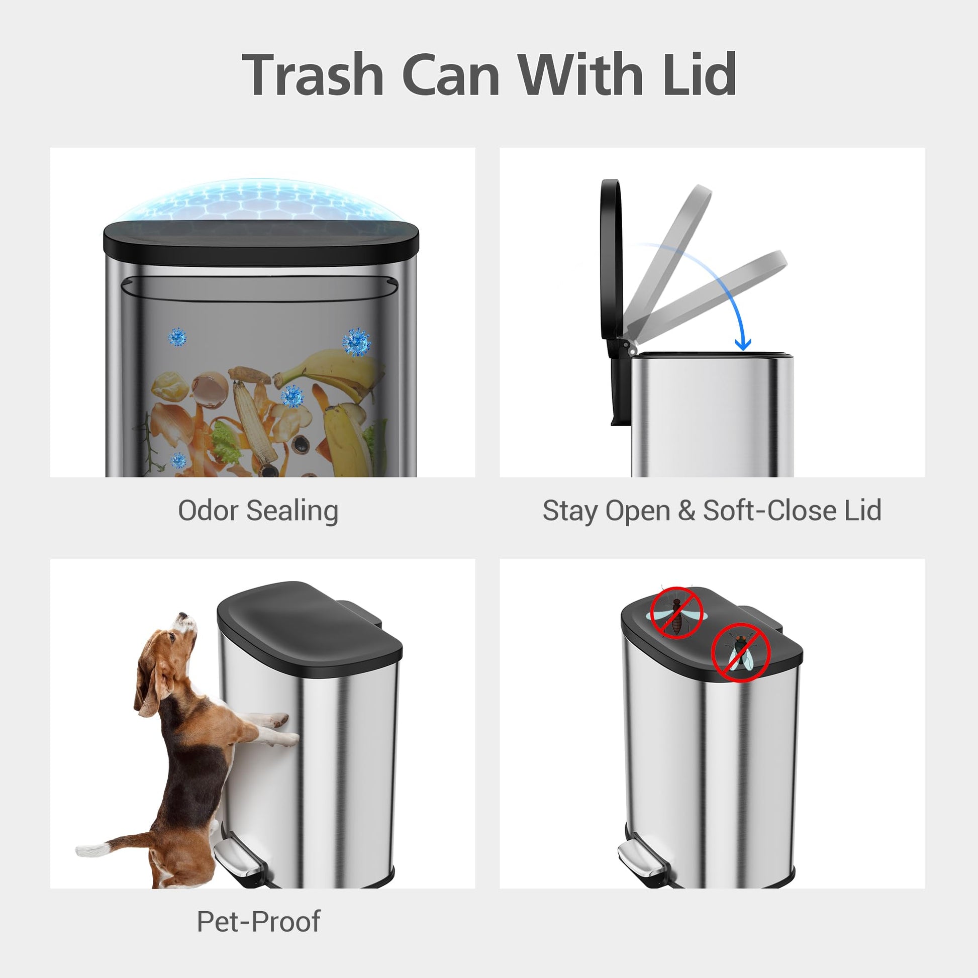 Garvee D-Shape Kitchen Trash Can 50L/13.2 Gal, Smudge Resistant Step-On Garbage Can with Lid, Stainless Steel Trash Bin with Removable Buckets, Soft-Close Lid