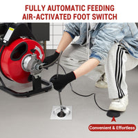 Garvee Auto Feed 100 FT x 3/8 Inch Drain Cleaner Machine with 250W Motor, Portable Sewer Snake Auger with 8 Cutters & Air-Activated Foot Switch, Fits 1" to 4" Pipes, Black & Red